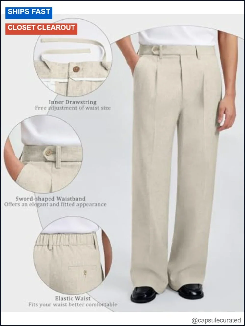 Linen Blend Pleated Wide Leg Dress Pants with Elastic Waistband